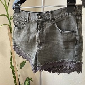 Free People Gray Denim Lacey-Trim Shorts